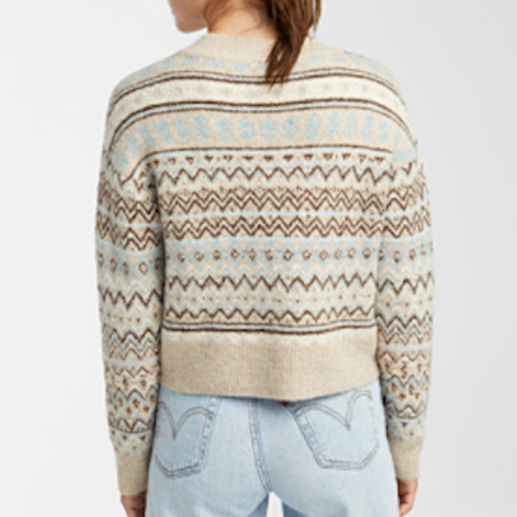 Retro cream & blue Scottish jacquard wool blend knit cropped V-neck sweater NWT - Picture 2 of 8